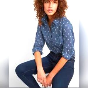 Old Navy Blue Jean Floral Print Chambray Long Sleeve Button Down Shirt Size S